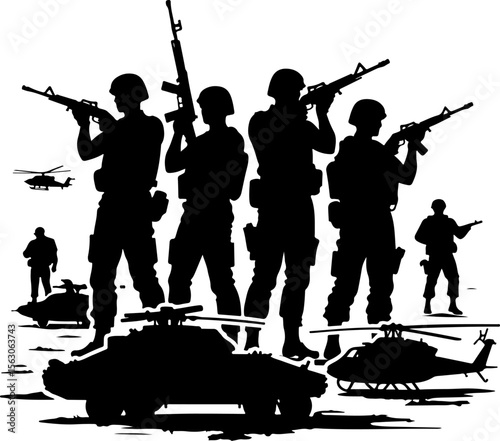  Military Soldiers and Helicopter Silhouette vector bundle