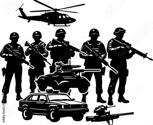  Military Soldiers and Helicopter Silhouette vector bundle