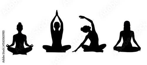 Yoga asana set. Set of famale silhouettes exercising yoga. Hand drawn sketch vector illustration isolated on white background. Yoga Silhouette, Yoga Poses Silhouette Set for Wellness Products.