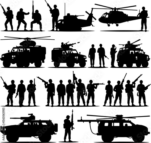  Military Soldiers and Helicopter Silhouette vector bundle