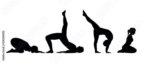 Yoga asana set. Set of famale silhouettes exercising yoga. Hand drawn sketch vector illustration isolated on white background. Yoga Silhouette, Yoga Poses Silhouette Set for Wellness Products.