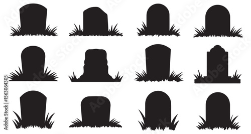 Set of Gravestone Silhouettes in Grass. gravestone silhouette, high quality vector. black silhouette tombstones of varying shapes, nestled in patches of grass. witch hat, halloween, silhouette, black 