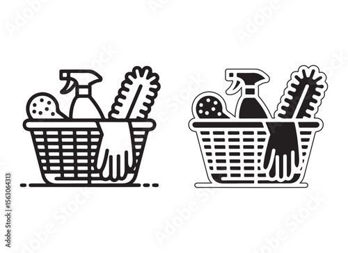 Cleaning supplies in a basket with spray bottle sponge gloves and brush isolated on white background
