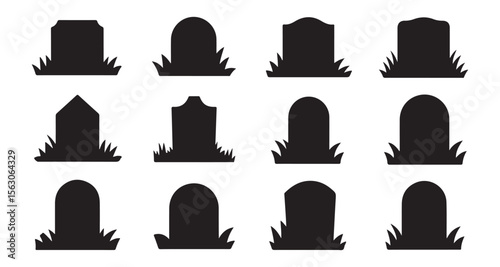 Set of Gravestone Silhouettes in Grass. gravestone silhouette, high quality vector. black silhouette tombstones of varying shapes, nestled in patches of grass. witch hat, halloween, silhouette, black 