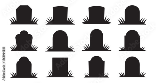 Set of Gravestone Silhouettes in Grass. gravestone silhouette, high quality vector. black silhouette tombstones of varying shapes, nestled in patches of grass. witch hat, halloween, silhouette, black 