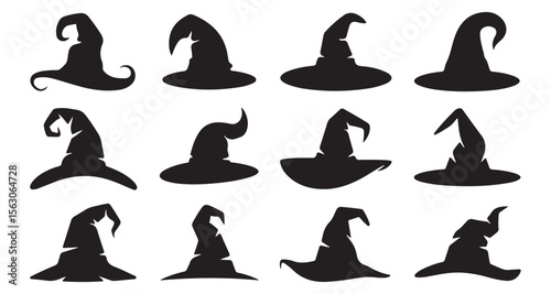 Black silhouette of Halloween witch hat vector icons, Halloween party costume elements. set of various witch hat silhouettes, ideal for Halloween-themed traditional magician caps. Magic cap white back