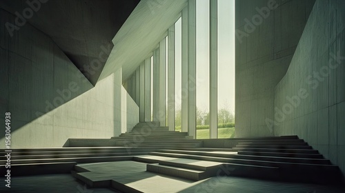 Light and shadow play within a modern concrete interior.
