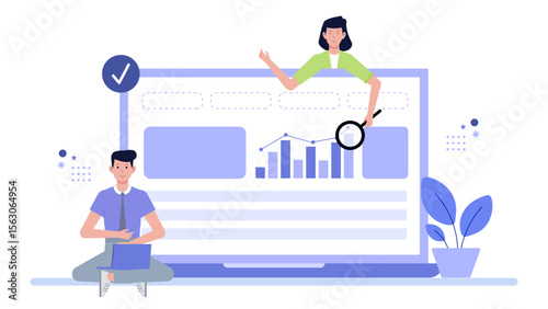 Two individuals reviewing data on a laptop screen with a graph. Suitable for technology or business presentations, reports, or articles.
