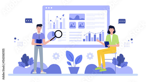 Two people reviewing data charts and graphs best for presentations, financial reports, business articles, or educational materials related to analytics.