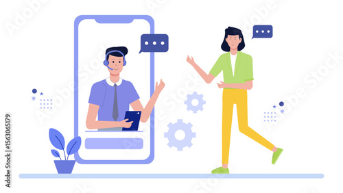 Virtual customer service agent providing online assistance to a client. Suitable for websites, customer service, technology, digital support concepts.