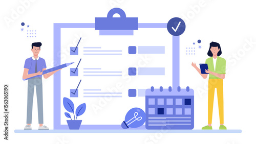 Two people organize tasks with a checklist and calendar. Ideal for planning, organization, teamwork, project management, scheduling, collaboration themes.