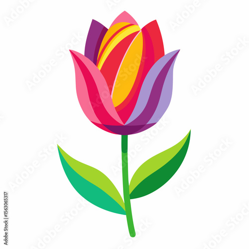 Illustration of a colorful tulip flower with red pink purple and yellow petals and green leaves on stem