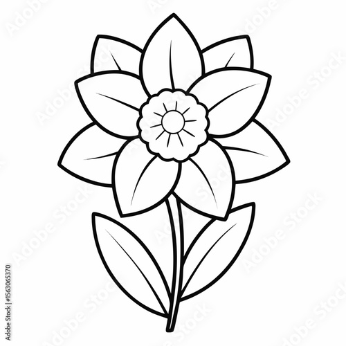 Detailed line drawing of a daffodil flower with leaves and a prominent center blossom, simple design