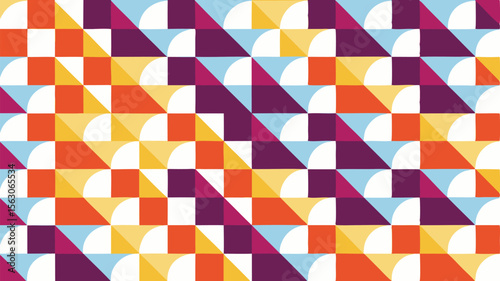 Geometric pattern with squares triangles and quarter circles in orange purple yellow and light blue hues