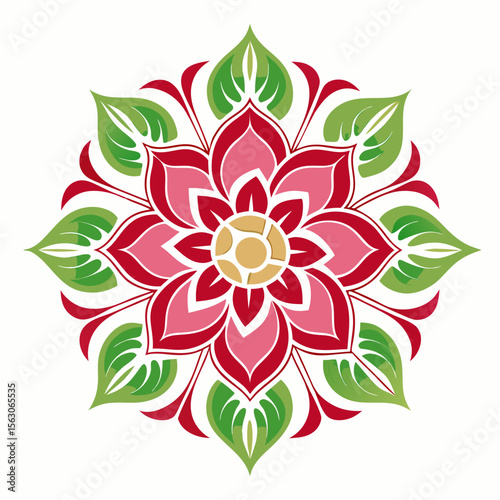 Illustration of a symmetrical floral design with pink red and green petals and leaves in a circular pattern