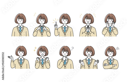 表情豊かな女子高校生の感情イラストセット