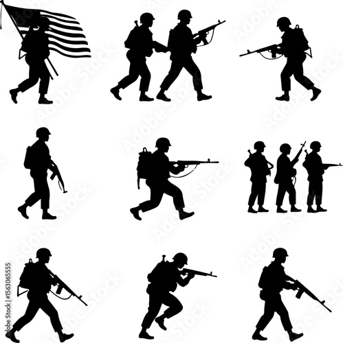  Military Soldiers and Helicopter Silhouette vector bundle