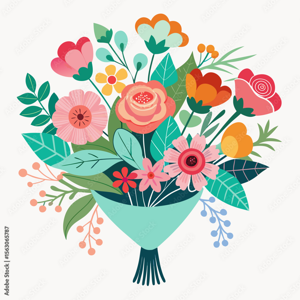 Obraz premium Colorful floral bouquet illustration featuring various flowers and leaves in a decorative arrangement