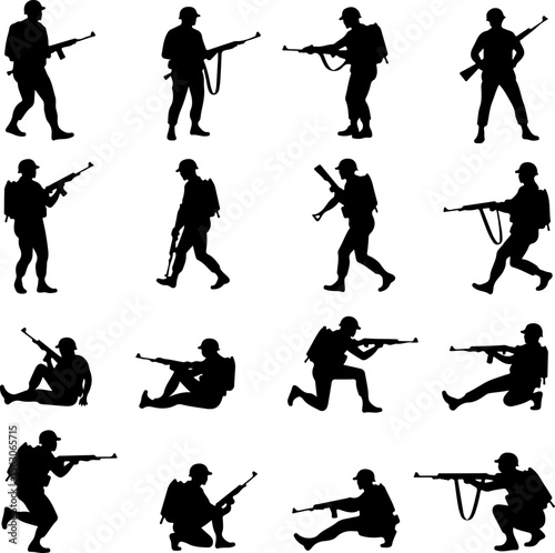  Military Soldiers and Helicopter Silhouette vector bundle