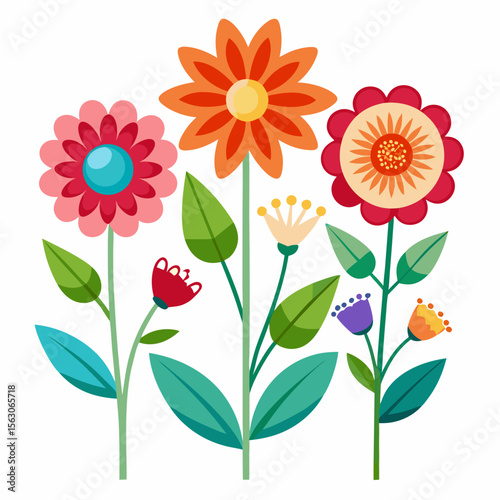 Illustration of several colorful flowers with green stems and leaves on a white background design style
