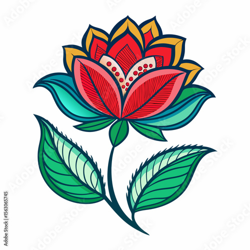 A vibrant floral illustration with red petals and green leaves on a white background design element