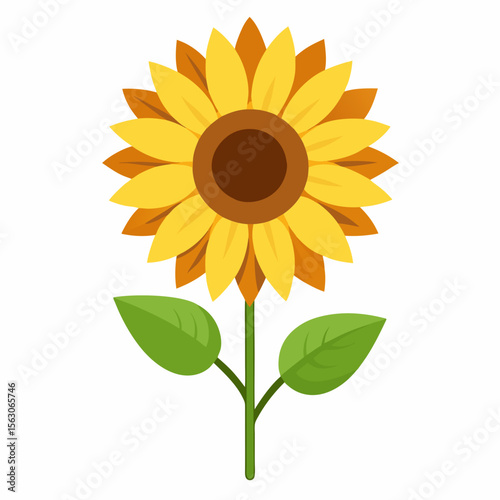 Illustration of a sunflower with yellow and orange petals, a brown center, green leaves and a stem shown