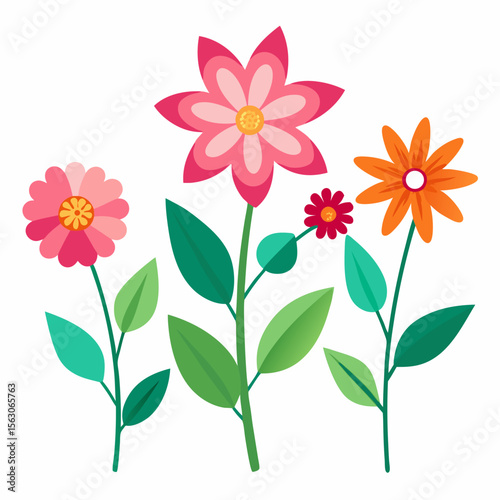 Illustration of three large flowers and one small flower with green leaves on a white background