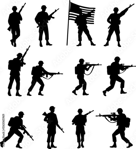  Military Soldiers and Helicopter Silhouette vector bundle
