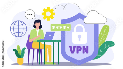 Woman using a secure VPN on her laptop. Suitable for cybersecurity concepts, internet safety, data protection, online privacy visuals.