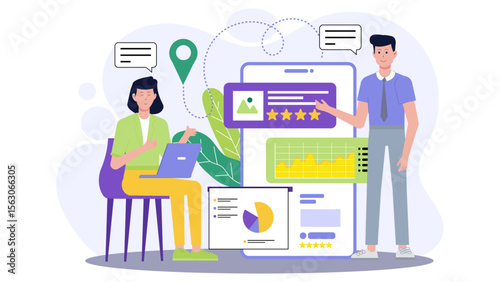 Two people analyzing business data on a large phone. Suitable for technology, teamwork, data analysis, business meetings, and communication concepts.