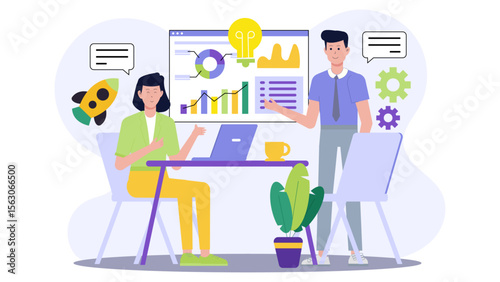 Business presentation with charts, graphs, and two people for corporate meetings, financial reports, data analysis, teamwork collaborations, and business pitches.