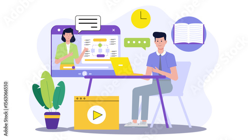 Online learning student and instructor video call. Suitable for eLearning websites, educational blogs, online courses promotion, and virtual classrooms.