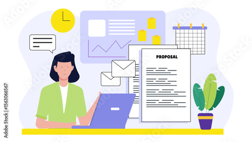 Woman reviewing a business proposal on her laptop. Suitable for website articles, blog posts, presentations, and social media content.