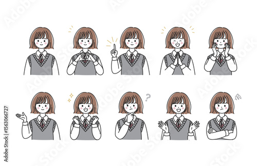 表情豊かなベスト制服女子学生のアイコンセット