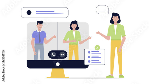 Employees participating in hybrid team meeting. Perfect for business scenes, online meetings, remote working content.