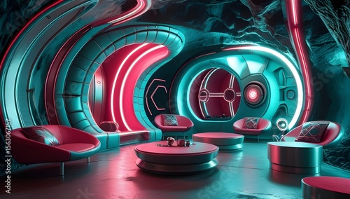 A futuristic lounge features sleek furniture and neon lighting, creating a vibrant and otherworldly atmosphere. Curved walls and ambient lights enhance the modern and sci-fi aesthetic.