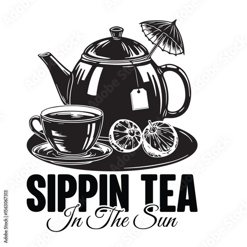 Delightful black and white illustration depicting a teapot cup of tea lemon slices and small umbrella perfect for relaxing.
