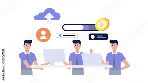 Three men working on computers earning money online. Perfect for illustrating remote work, online business, and teamwork in digital era.