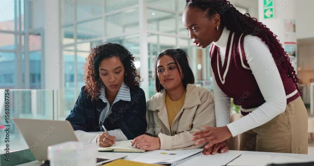 Internship, laptop and training with business people in office for digital agency, feedback and branding. Online campaign, research and learning opportunity with employees in startup for teamwork