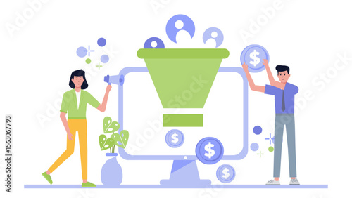 Sales funnel design with digital marketing icons in a modern style. Perfect for webinars, lead generation campaigns, and online sales strategies.