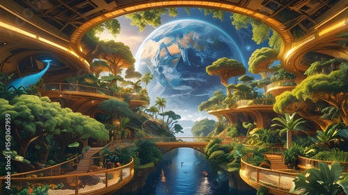 A futuristic garden showcases lush greenery under a vast, transparent dome revealing a view of Earth from space. Intricate walkways and vibrant plant life create a harmonious blend of nature and tech