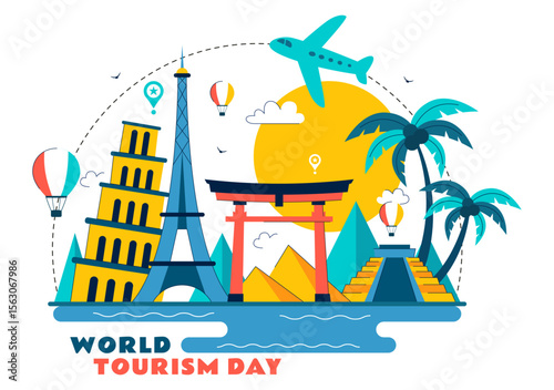 World Tourism Day Vector Illustration featuring a Globe, Famous Landmarks, Architectural Monuments, and National Statues in a Flat Background Design