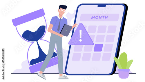 Man using phone calendar, discovering scheduling error. Suitable for websites, blogs, or articles about time management, organization, or electronics.
