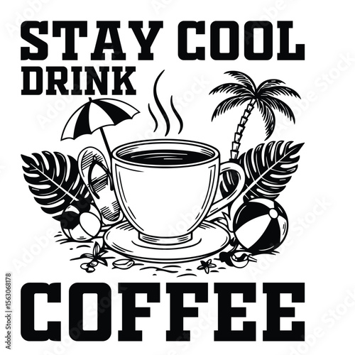 Graphic design of a coffee cup with a beach vacation theme in a black and white style perfect for merchandise