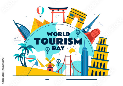 World Tourism Day Vector Illustration featuring a Globe, Famous Landmarks, Architectural Monuments, and National Statues in a Flat Background Design