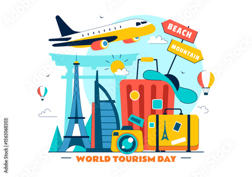 World Tourism Day Vector Illustration featuring a Globe, Famous Landmarks, Architectural Monuments, and National Statues in a Flat Background Design