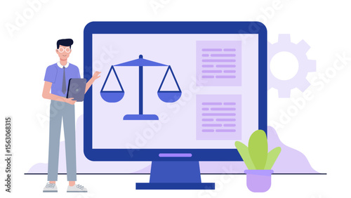 Man demonstrating legal software on a computer screen, suitable for law related presentations or technology concept illustrations in a corporate setting.