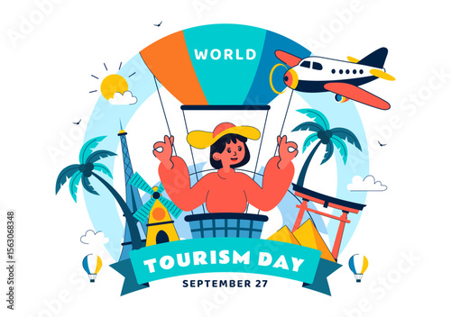 World Tourism Day Vector Illustration featuring a Globe, Famous Landmarks, Architectural Monuments, and National Statues in a Flat Background Design