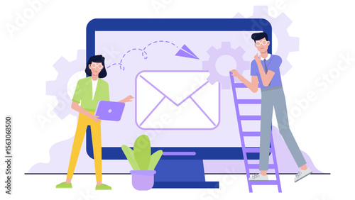 Two people collaborate on managing email on a large computer. Teamwork, office settings, technology, communication, digital organization concepts.