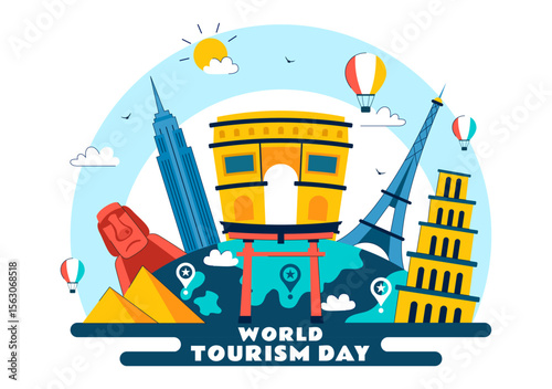 World Tourism Day Vector Illustration featuring a Globe, Famous Landmarks, Architectural Monuments, and National Statues in a Flat Background Design